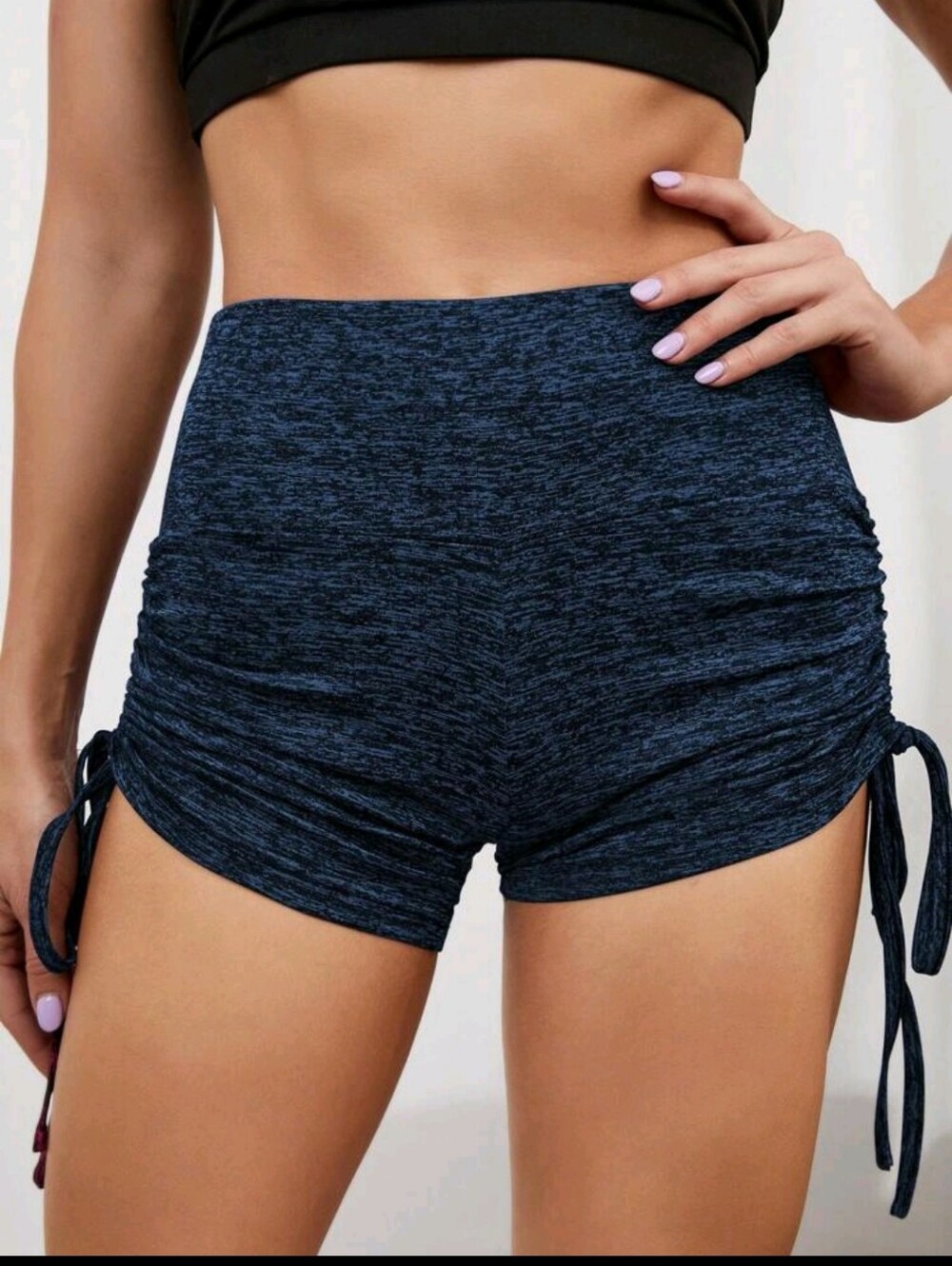 SHEIN Navy Heathered High-Waist Ruched Side-Tie Athletic Shorts